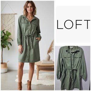 LOFT Olive Green Utility Shirt Dress with Tie Waist